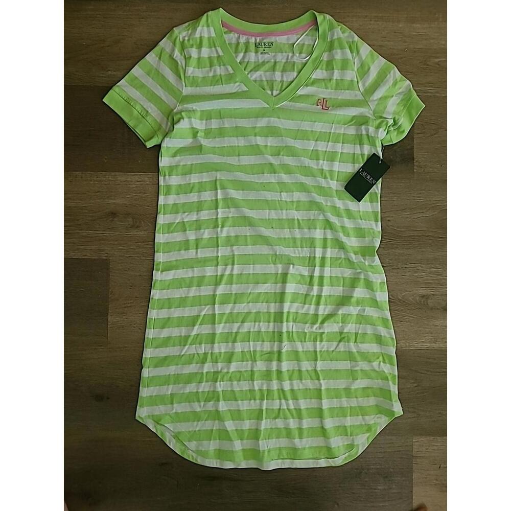 NWT Lauren Ralph Lauren Lime Green White Striped Tshirt Dress Womens Medium